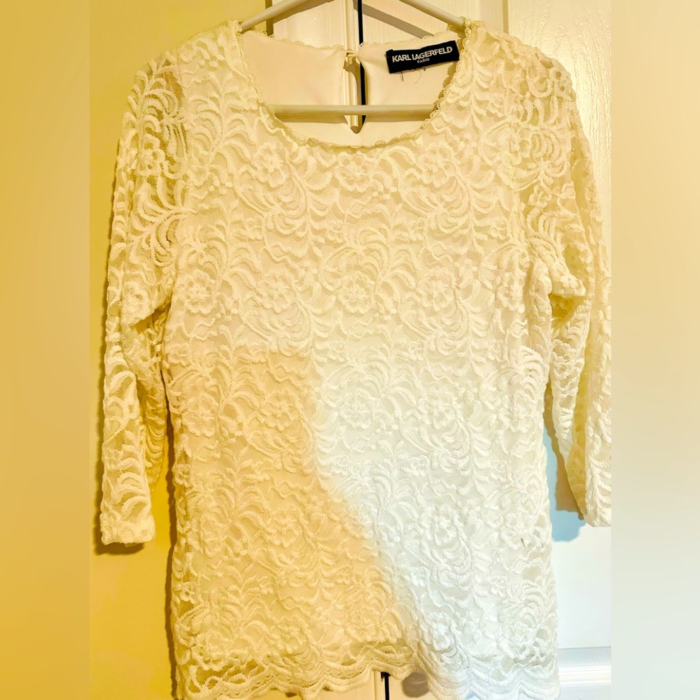 Karl Lagerfield Paris designer longsleeve white lace blouse size small